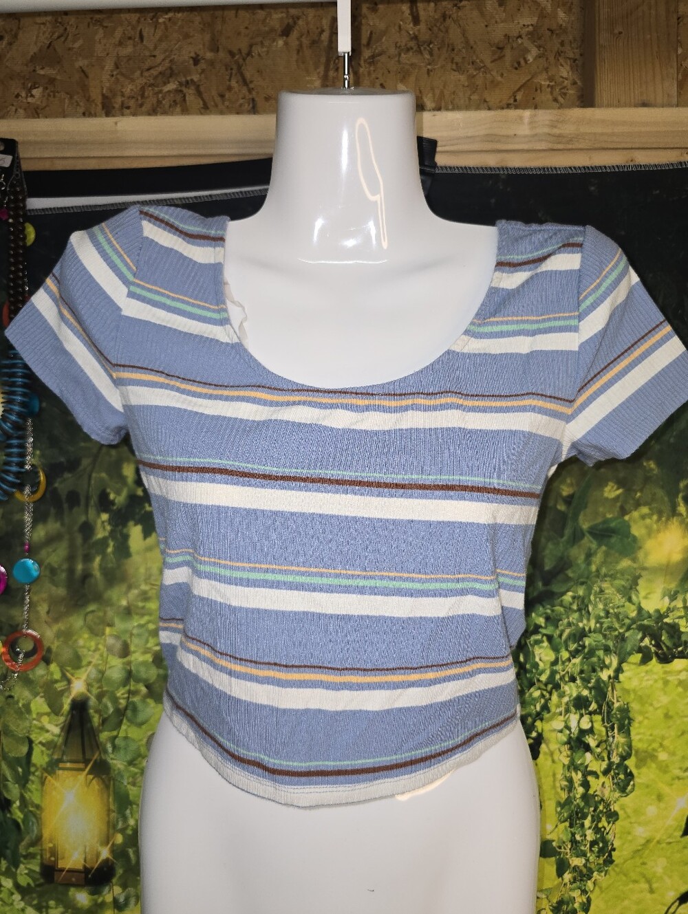 #131 Aeropostale Striped Light Blue Scoop Neck Crop Top